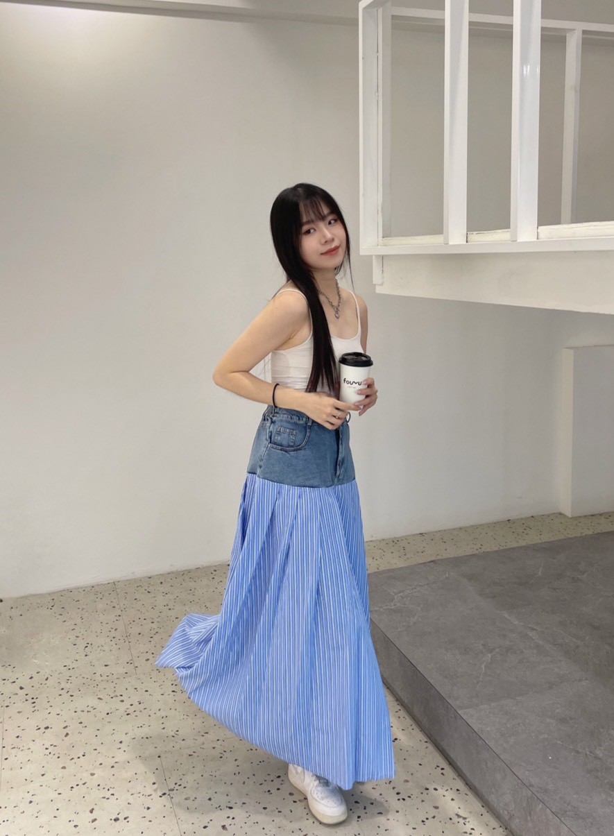 正韓 條紋拼接牛仔半身裙