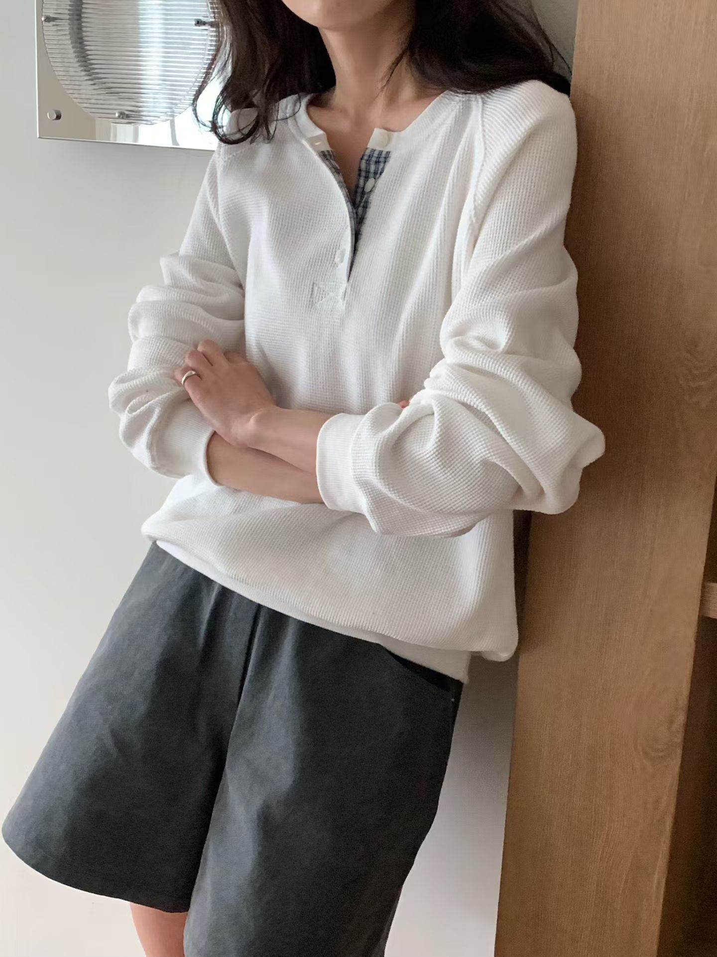 last 1早鳥價！《b家》waffle格紋排扣上衣