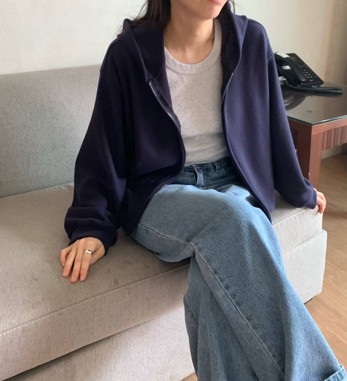 現貨深藍一件！《質感店家》skin fleece hood zip-up and pt