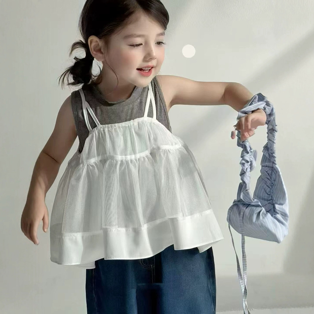 C1-075 灰色背心白色網紗吊帶裙牛仔褲