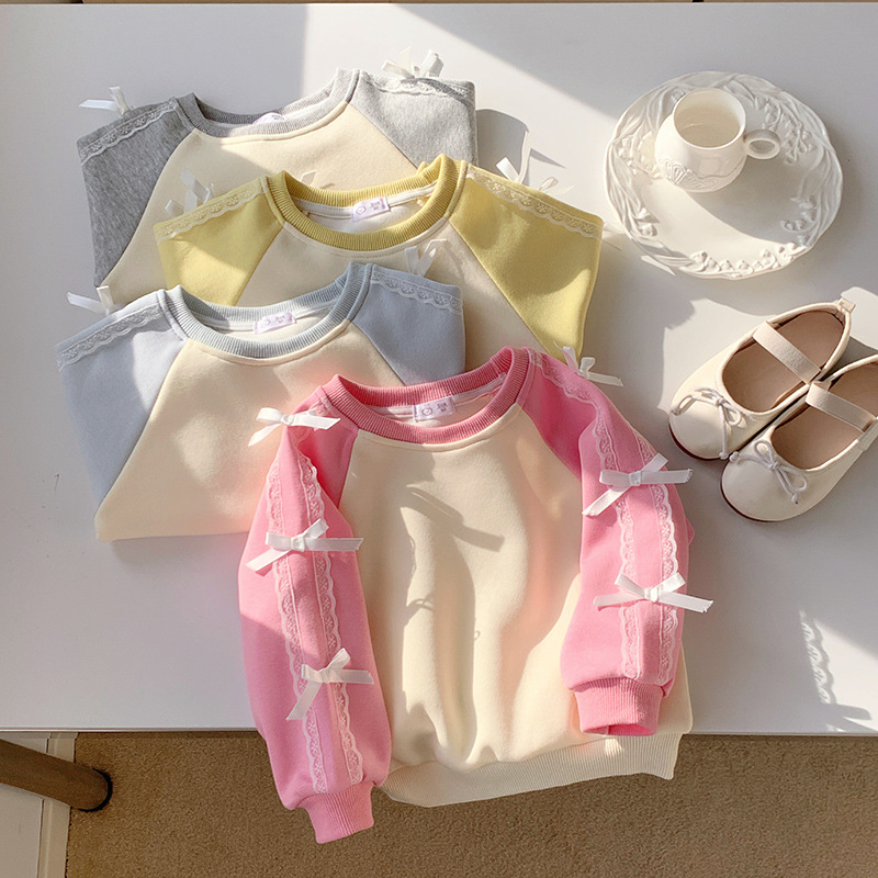 B1-066 蝴蝶結撞色休閒洋氣校園長袖上衣