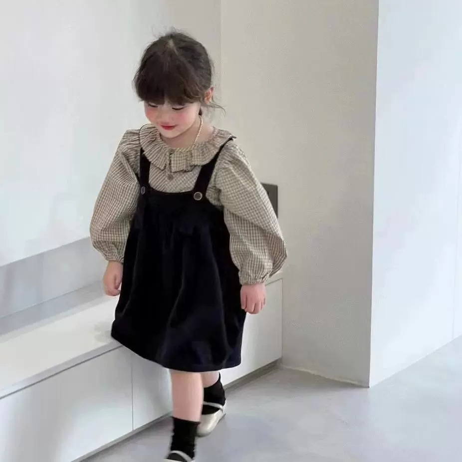 C1-021 圓領格紋上衣加燈芯絨背心裙兩件套裝