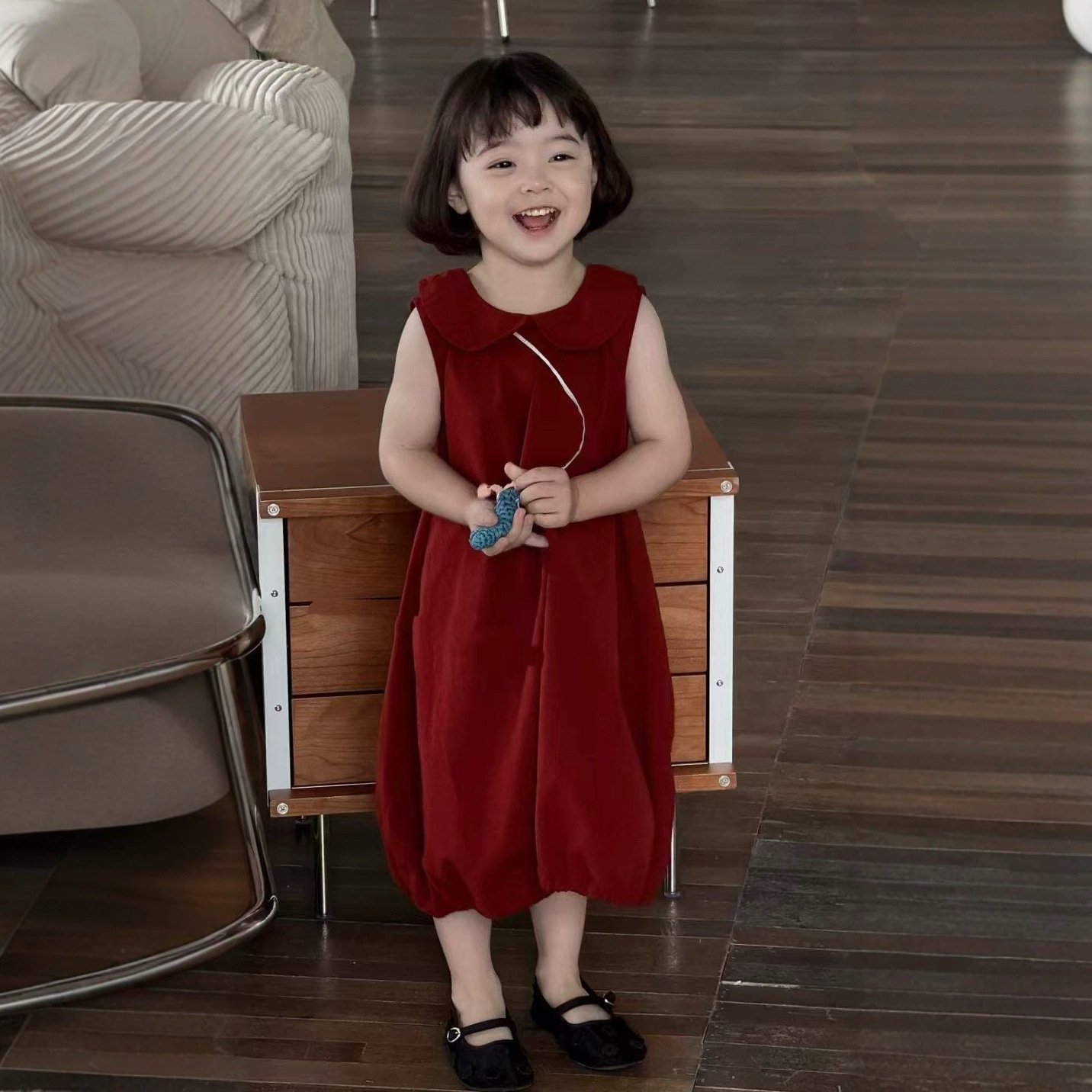 C1-080 復古紅色娃娃領背心裙花苞連身裙