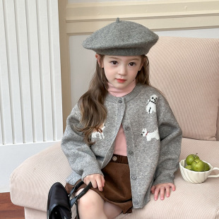 A1-019 韓版洋氣提花小狗針織開襟衫外套上衣