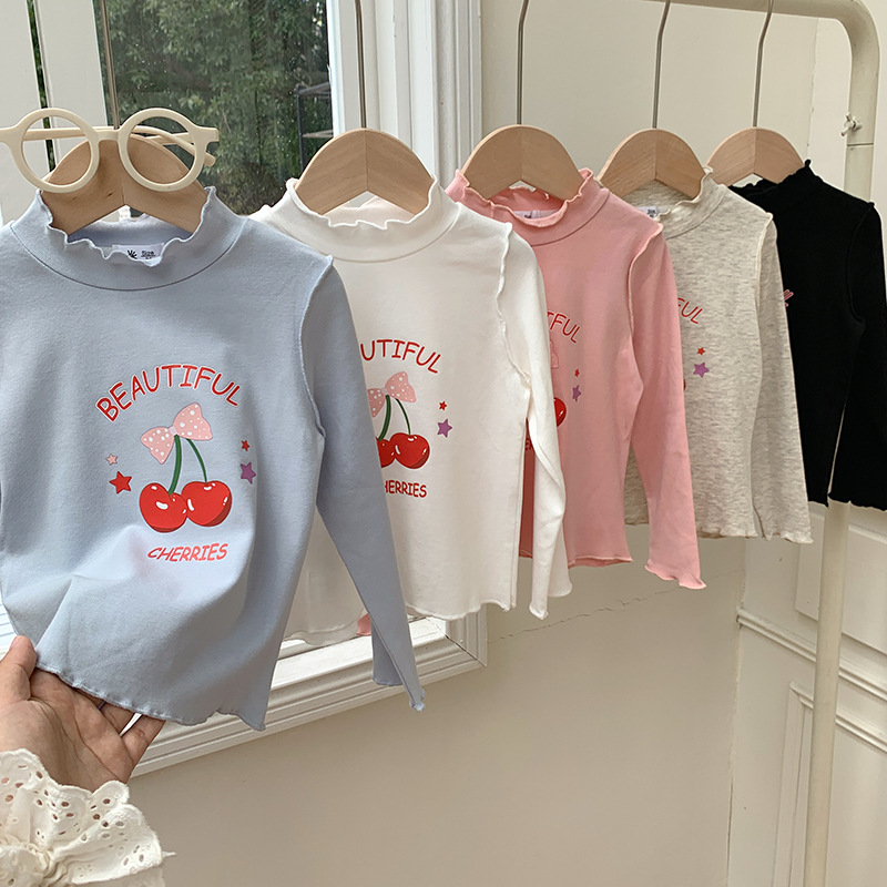 B1-061 木耳邊可愛韓版櫻桃印花女孩打底衫上衣