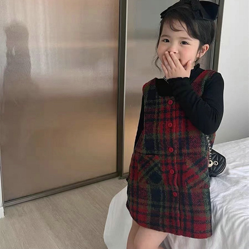 C1-024 聖誕新款英倫格子毛呢背心裙加立領打底上衣