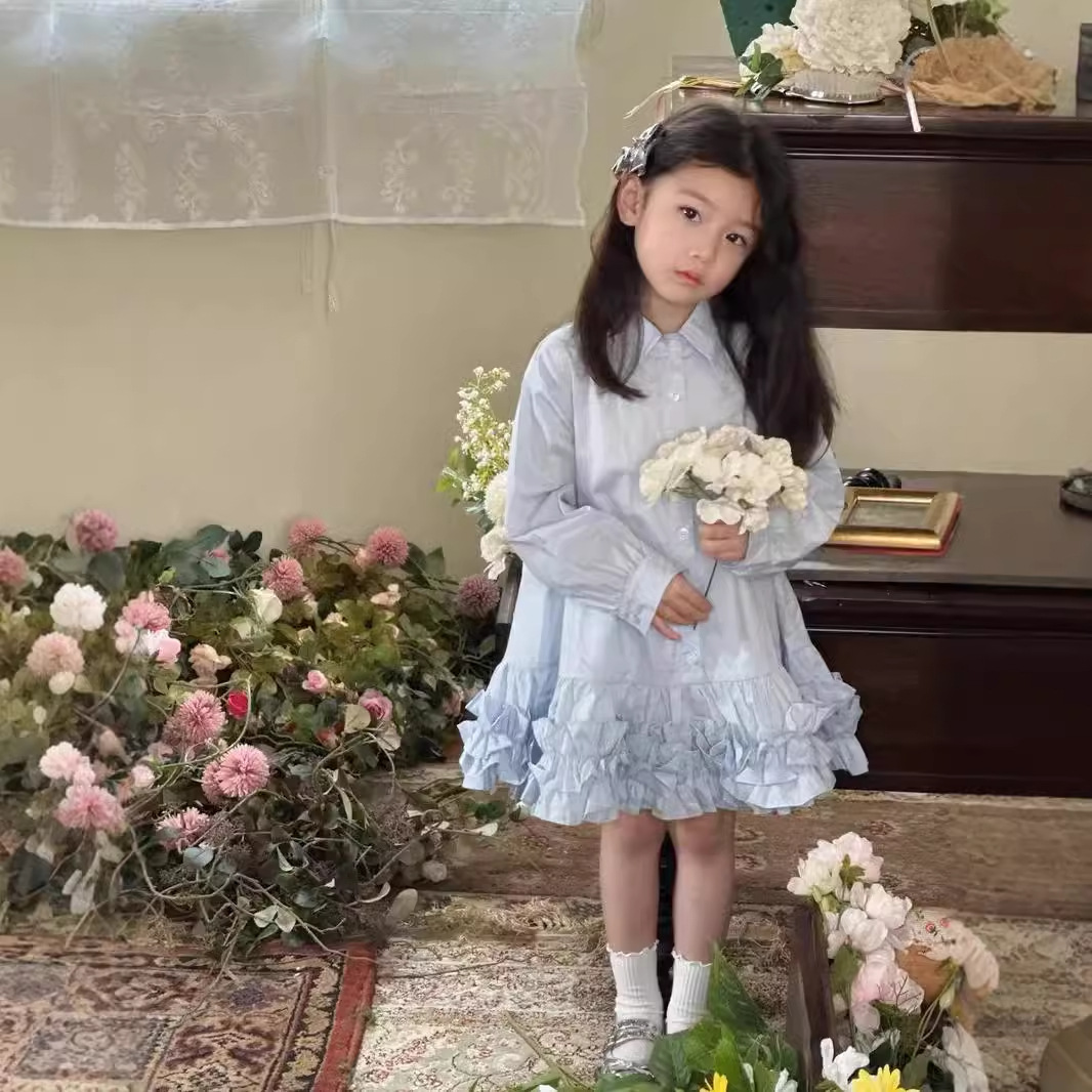 C1-043 長袖襯衫領拼接洋裝蛋糕裙