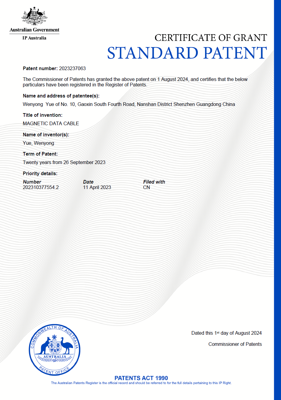 202407發明專利-領證國家-澳大利亞