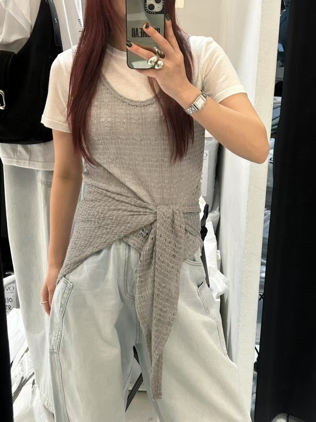 J04 網格透膚背心+綁巾裙圍