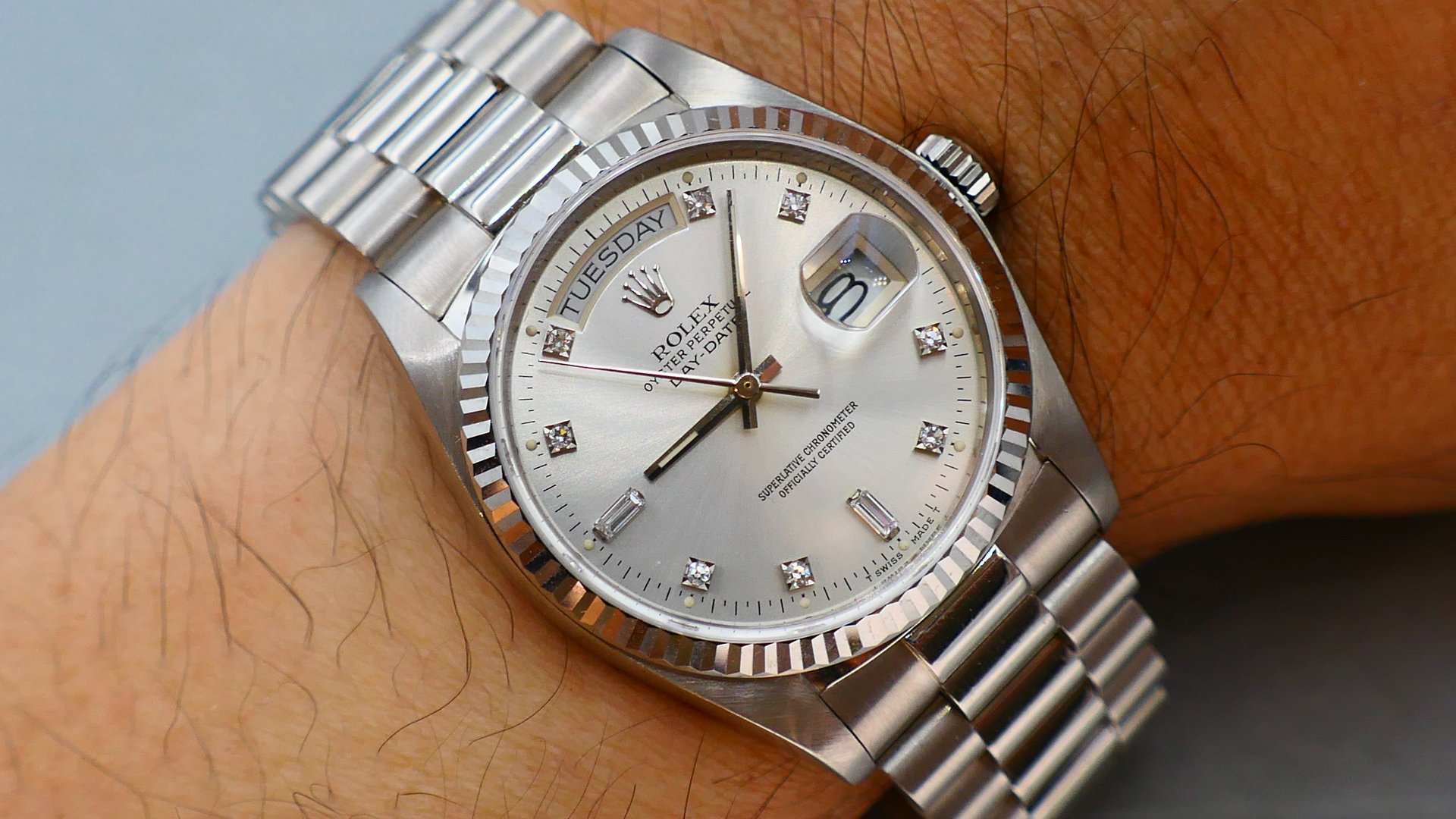 【美好時光】極優藏品罕見型號勞力士ROLEX 18039白K款Daydate盒單全十鑽面