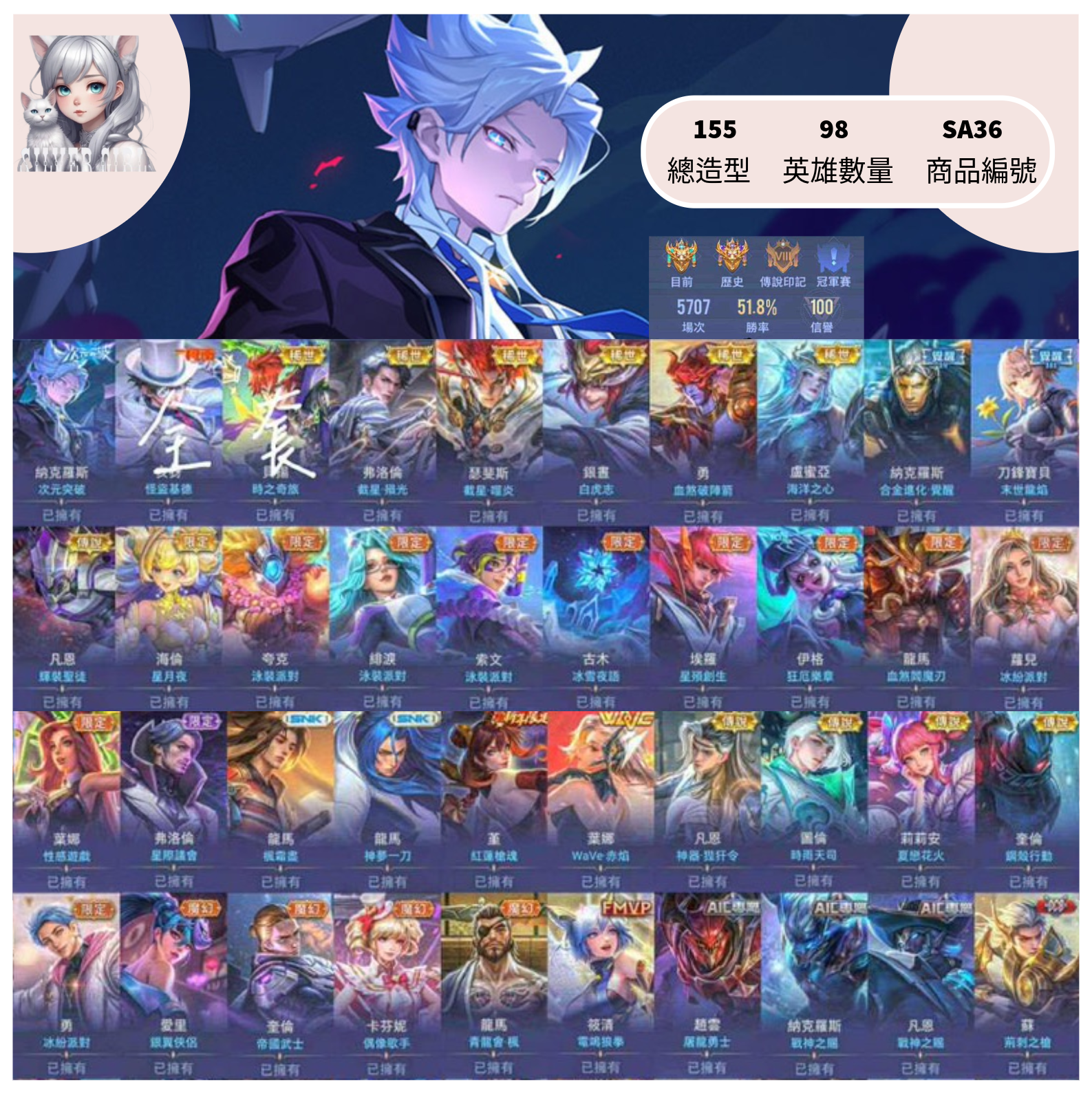 【編號SA36】月付1800元起 主打納克次元/亥犽怪盜基德/貝揚時之奇旅/弗洛倫截星殞光/瑟斐斯截星噬炎