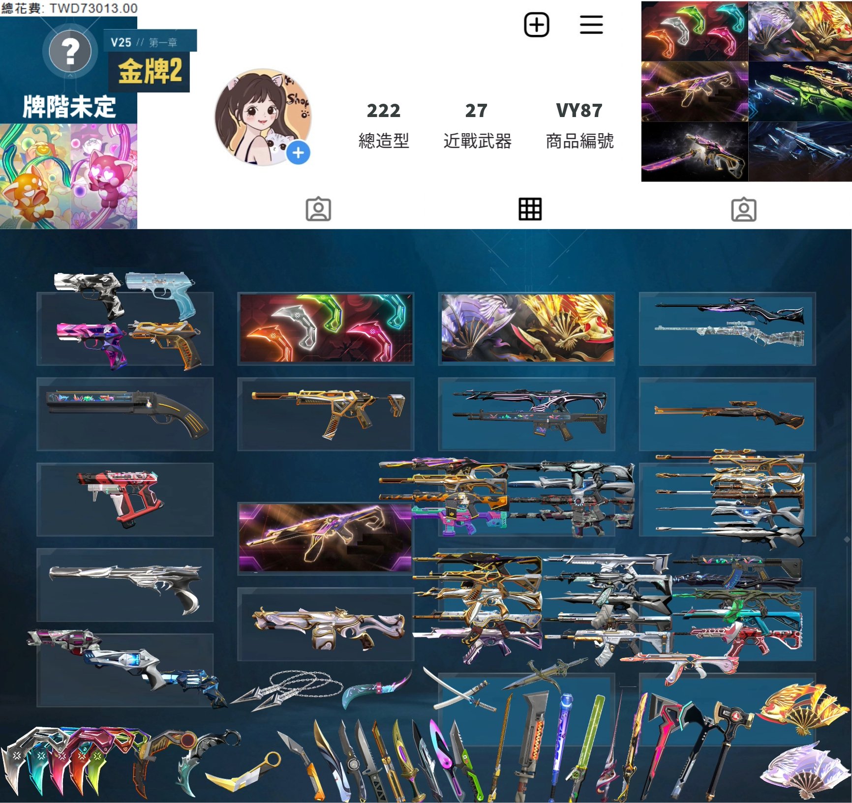 【編號VY87】月付2600元起 主打絕版冠軍2023+冠軍2024套+鳳凰摺扇套+VCT爪刀+RGX套+黑波槍刀+雙排日套 14特效暴徒7特效幻象27近戰武器等造型