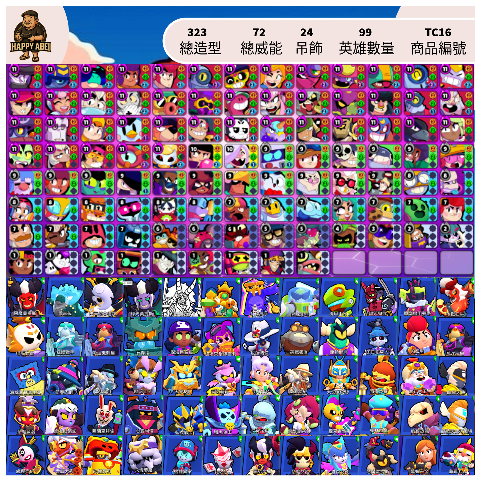 【編號TC16】月付700元起 99英雄 323造型 72威能 24吊飾