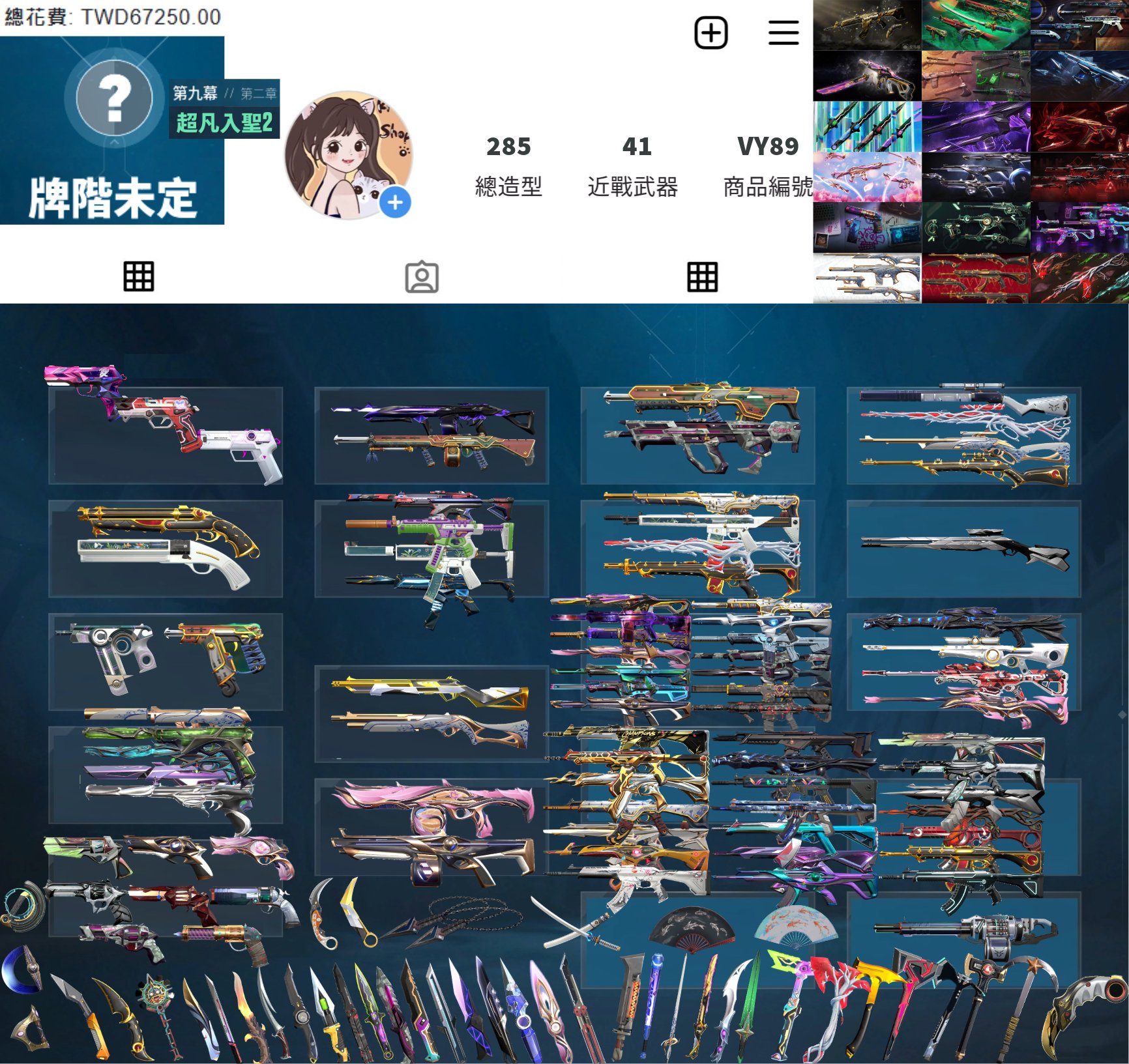 【編號VY89】月付4000元起 主打絕版冠軍2021套+冠軍2024套+憐憫之刃套+奧術套+靈花套+惡鬼套+邊陲套+奇點套+虛無套+起源套+海洋套+緋金套+781套+電幻套+蓋亞套+黑波槍刀+歌德套+瓷藝套 18特效暴徒14特效幻象41近戰武器等造型