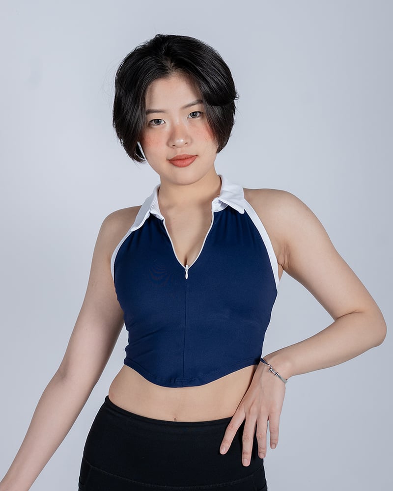 🎾 撞色削肩POLO｜校隊藍