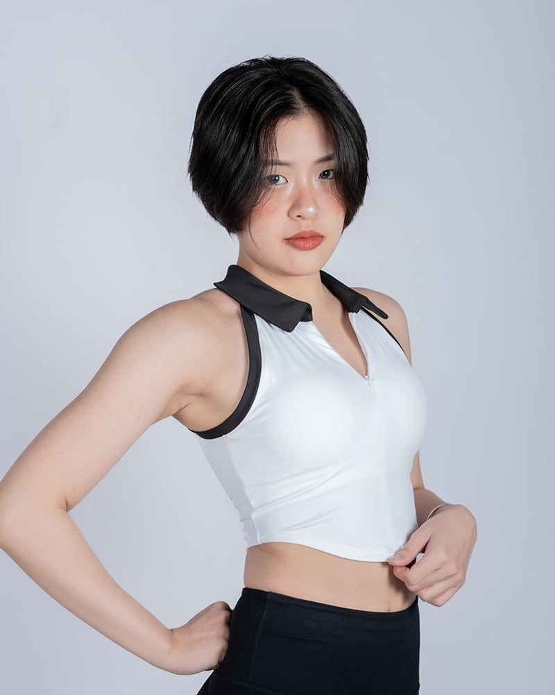 🎾 撞色削肩POLO｜清新白