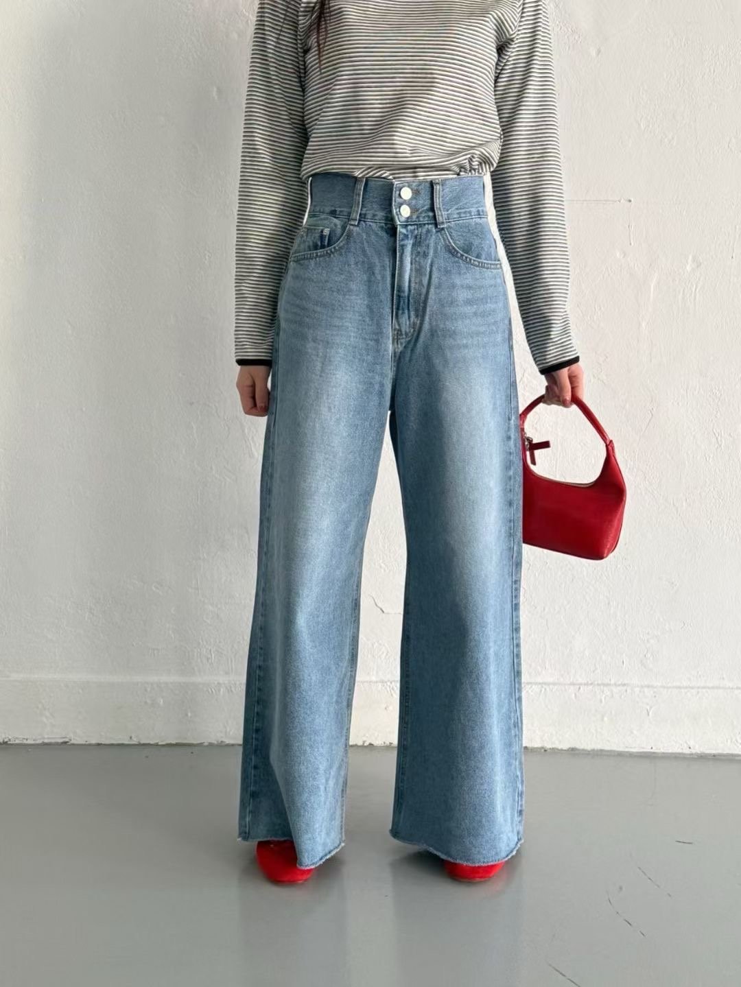 B14 高腰雙釦丹寧寬褲