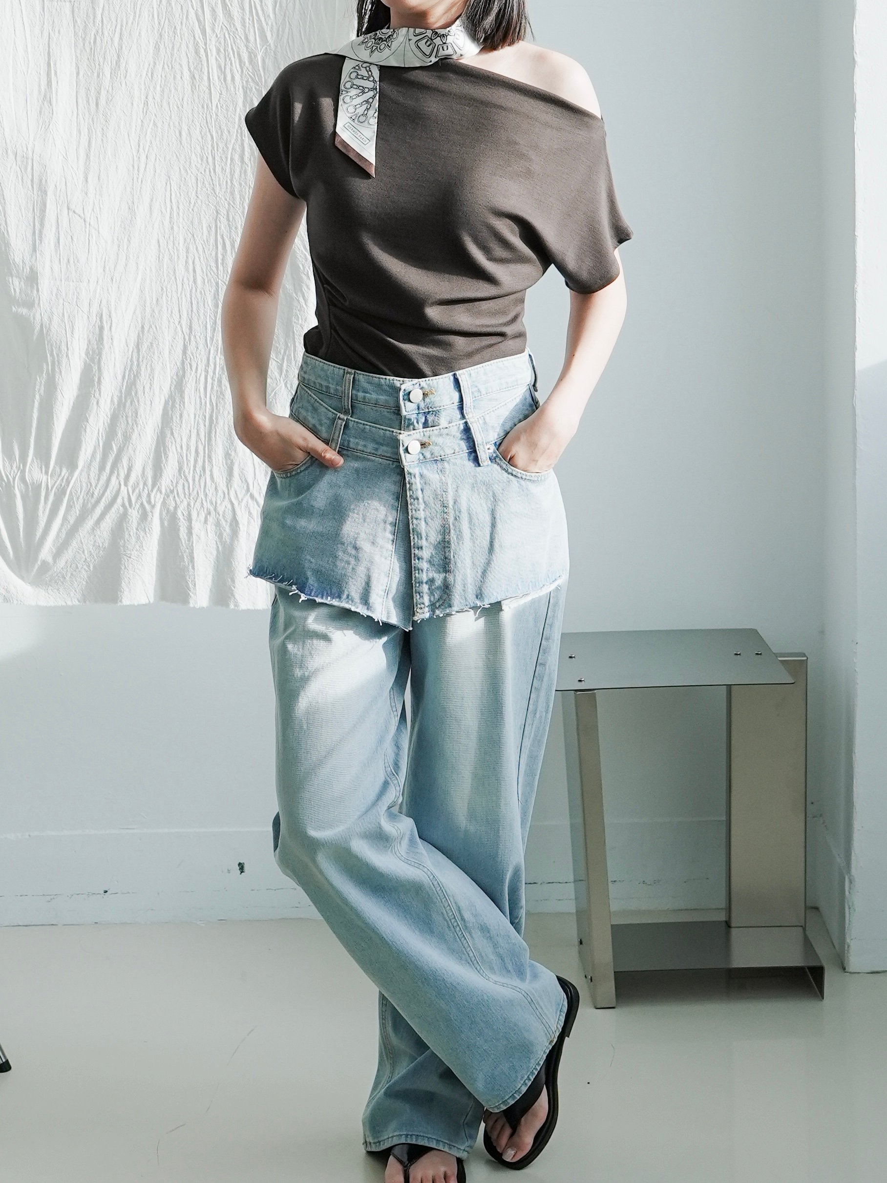 H14 設計師偽兩件丹寧長褲