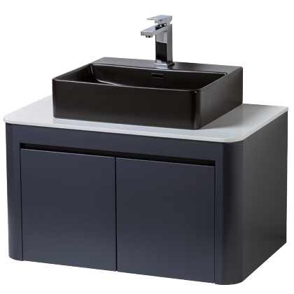 雙弧形人造石檯面浴櫃+黮黑方形立體盆組  (火山灰)