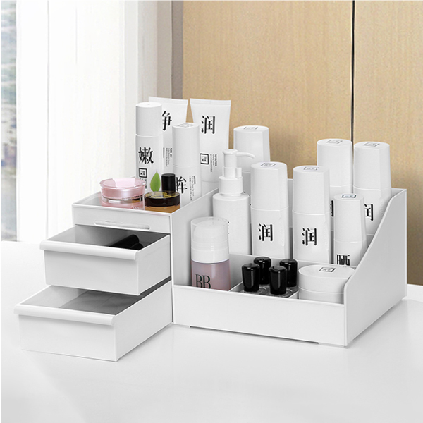 抽屜式-多格化妝品收納盒 (階梯式收納) 保養品收納 護膚 彩妝收納 大容量 雙層 口紅架 刷具收納盒