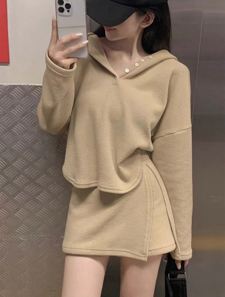 排釦連帽針織衫＋鬆緊開衩褲裙SET