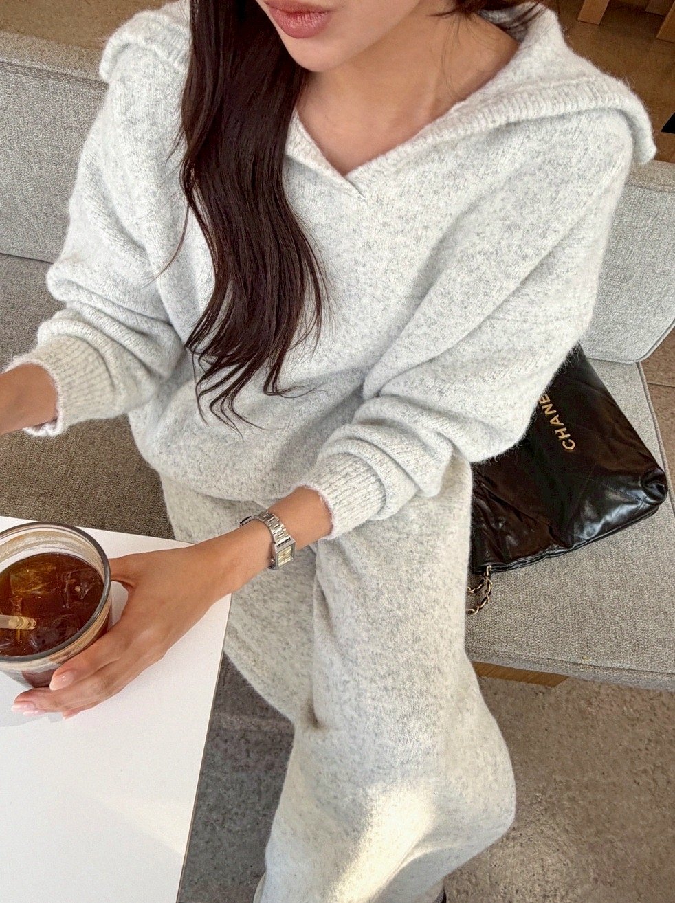 大翻領針織上衣+寬褲SET