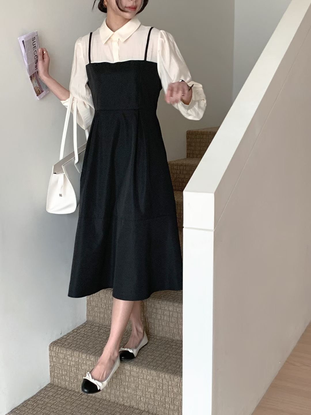 假兩件造型雪紡＋傘擺雪紡吊帶長洋