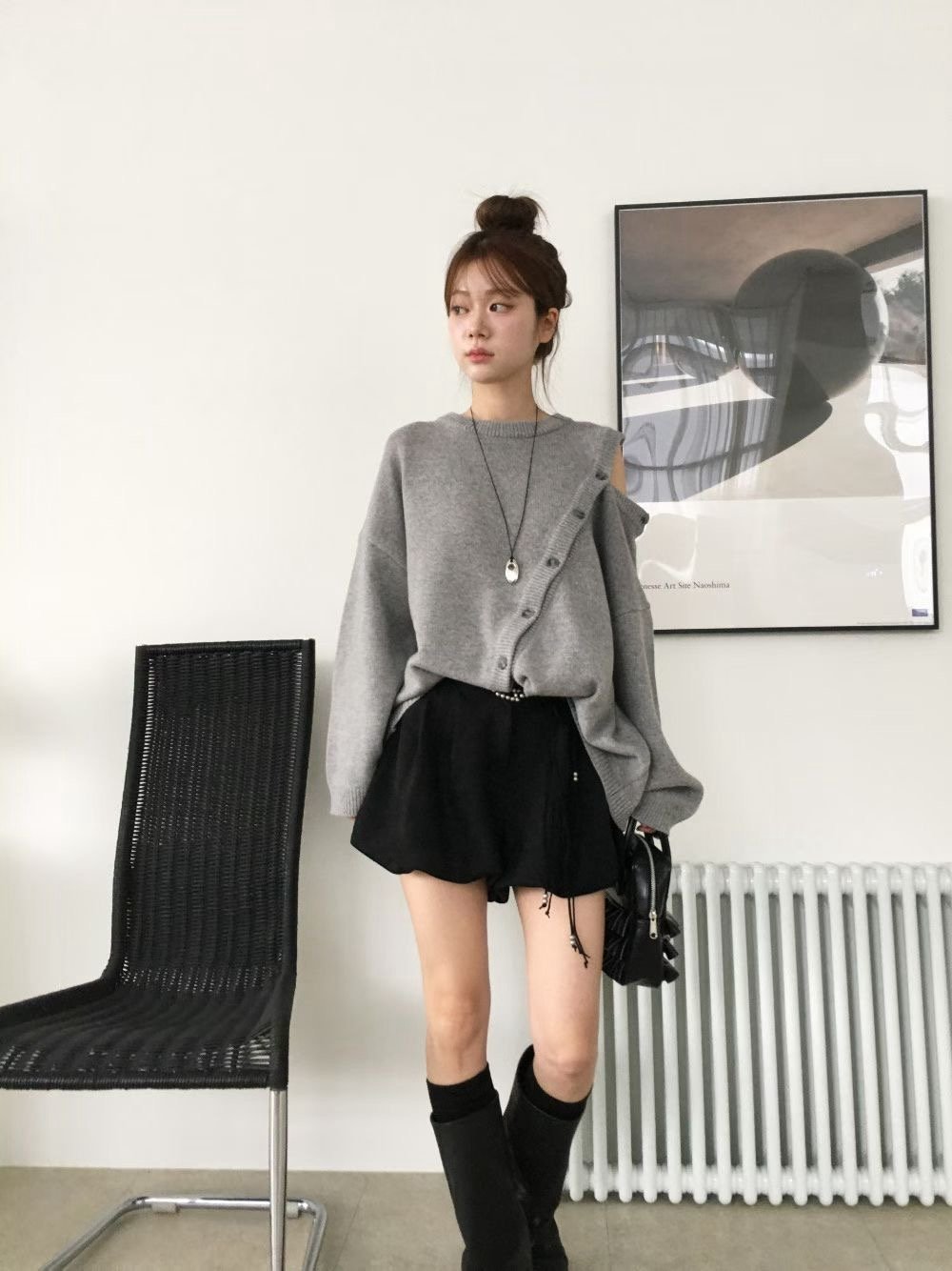 側排釦造型長版針織衫