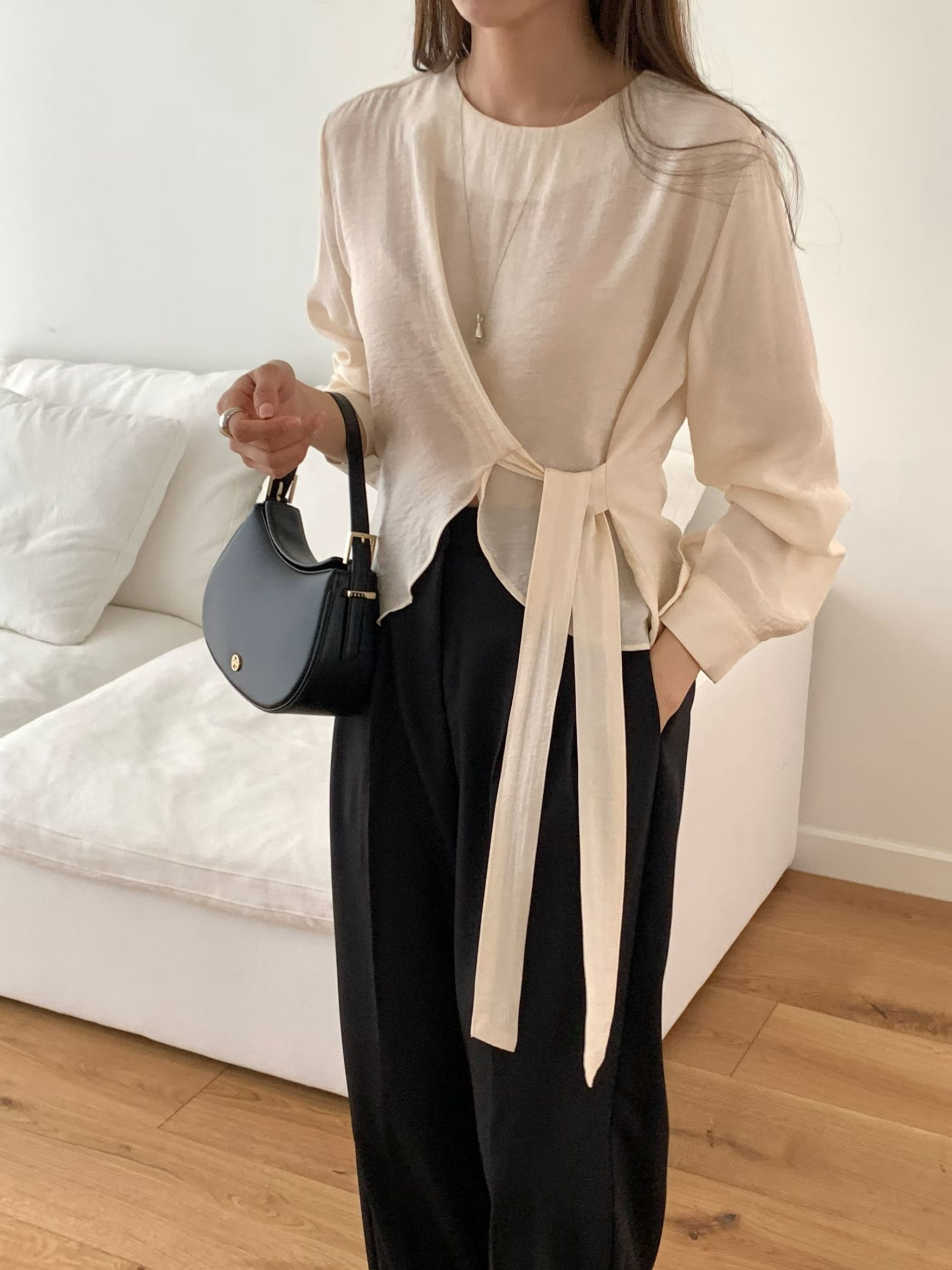 圓領素色微透下綁結雪紡衫