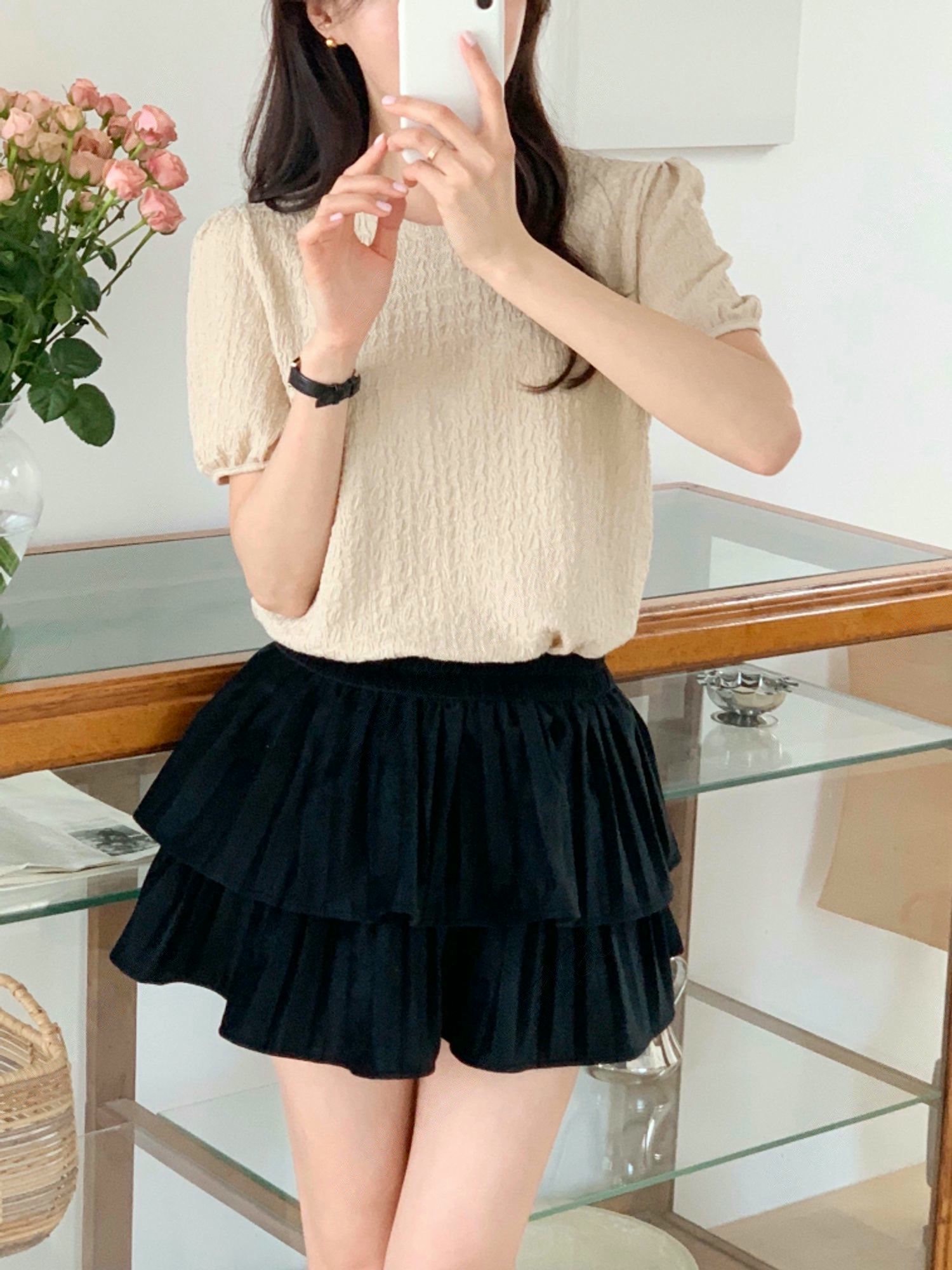 立體泡泡壓紋圓領棉麻衫