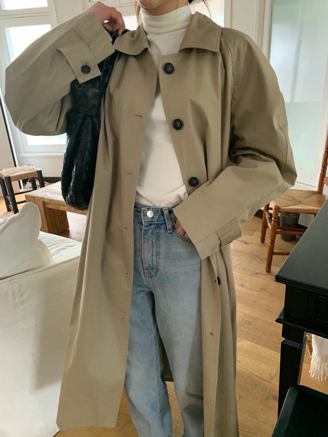 超長款排釦風衣外套
