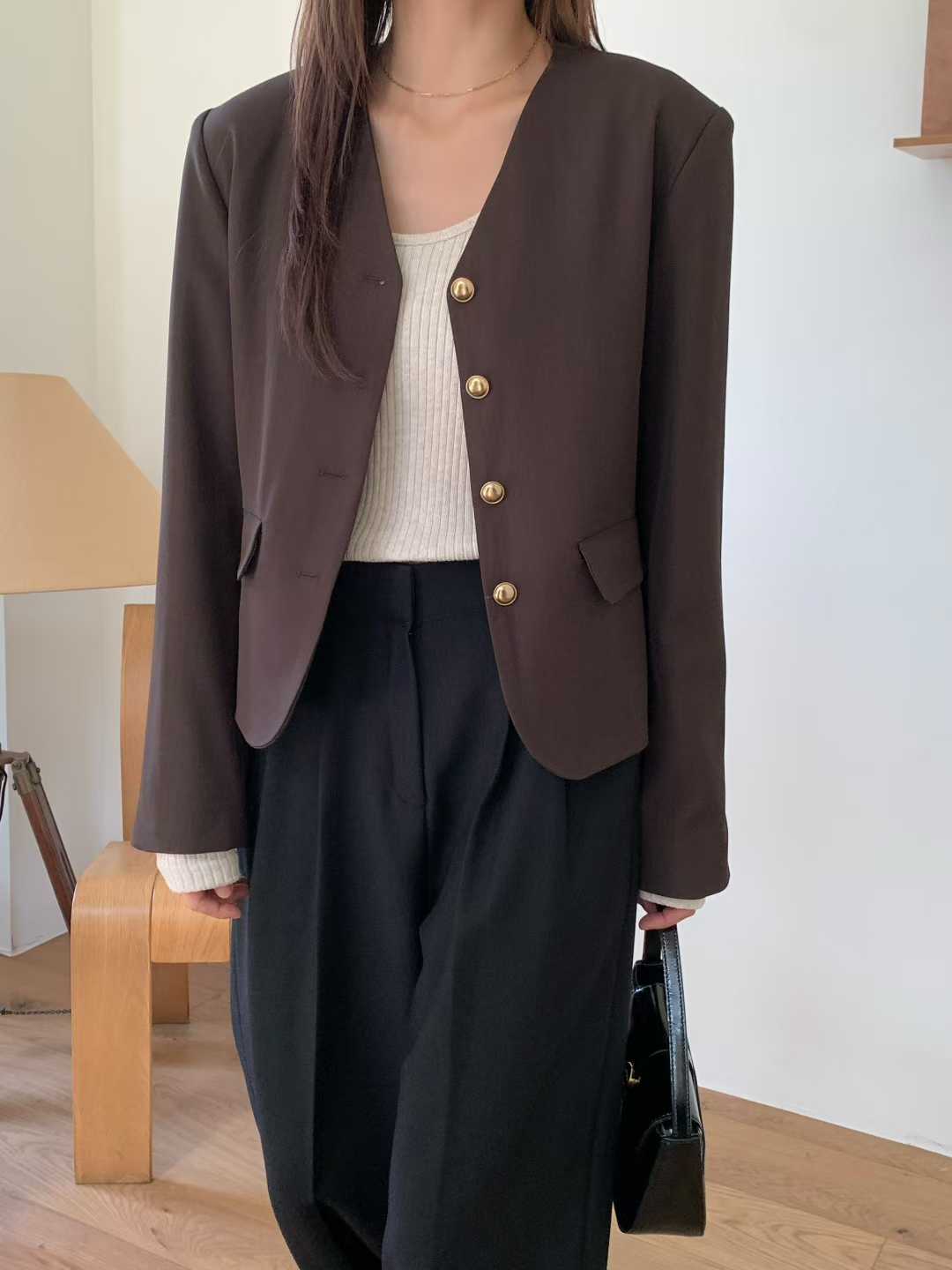 無領金釦雙口袋西裝外套