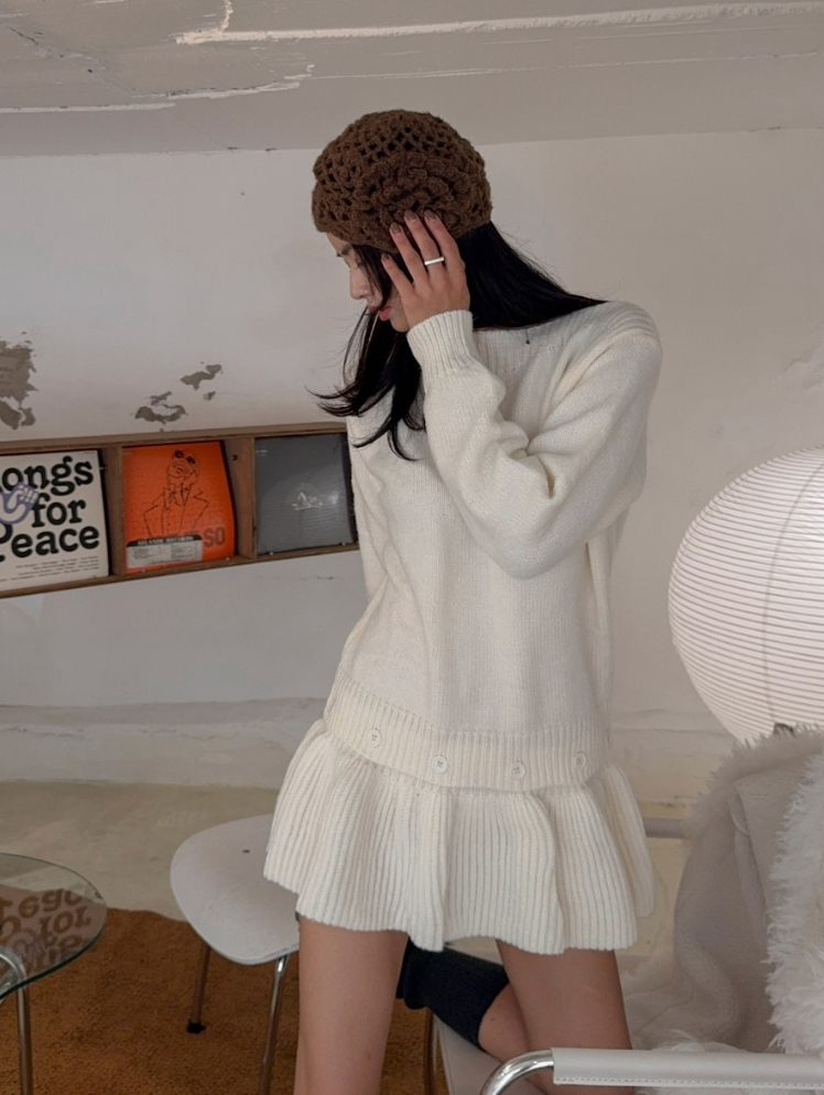 兩穿款！鈕扣針織波浪裙擺短洋