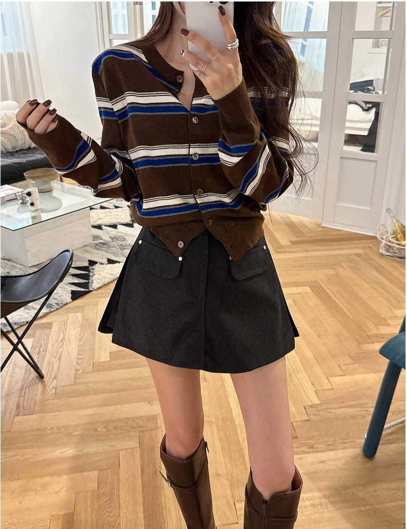 新款秋冬配色橫條紋針織外套