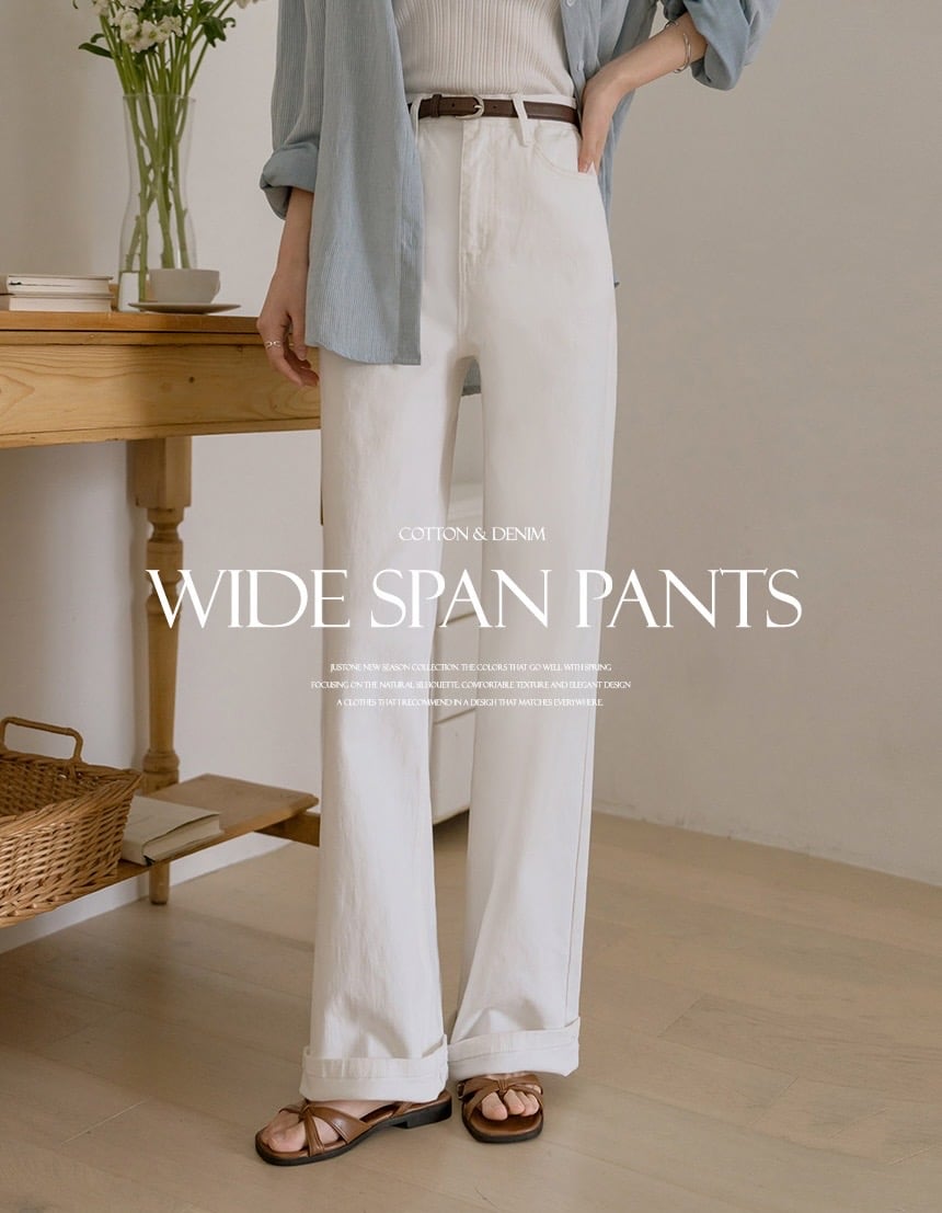 彈力款刷色落地薄款牛仔微寬褲