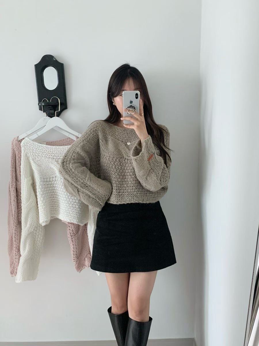 拼接粗麻花短版針織衫