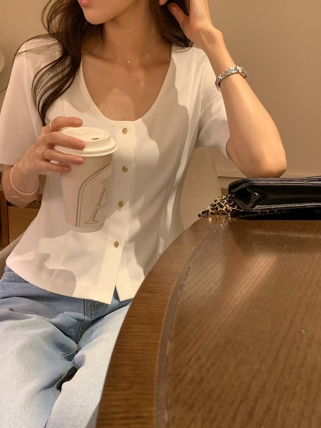 Ｕ領小圓金釦西裝布襯衫