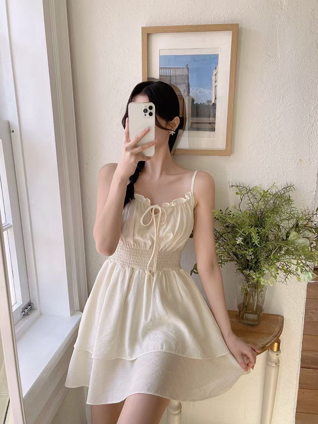 抓皺綁結領雙層下擺背心短洋