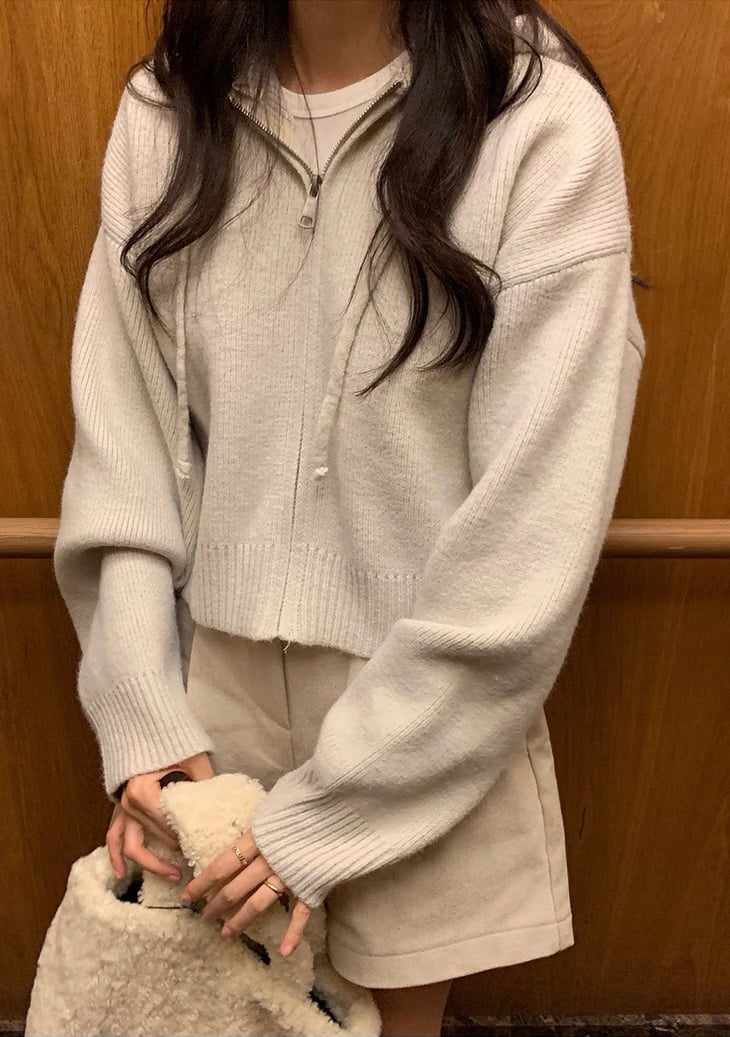 短版抽繩連帽針織外套
