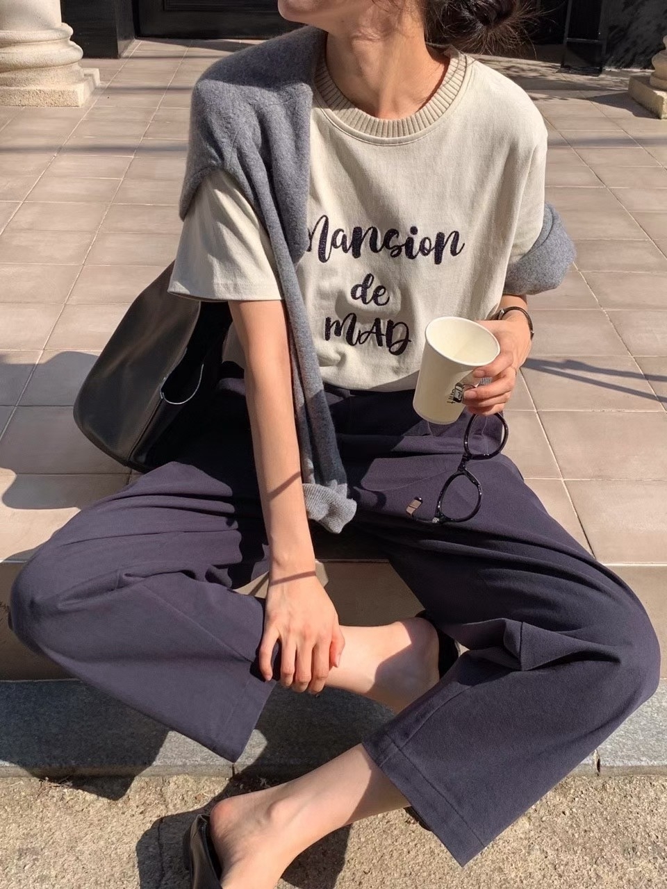 拼接螺紋領刺繡字母短Ｔ