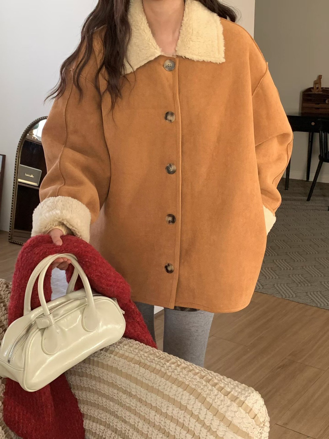 兩面穿！圓領麂皮毛毛中長款大衣