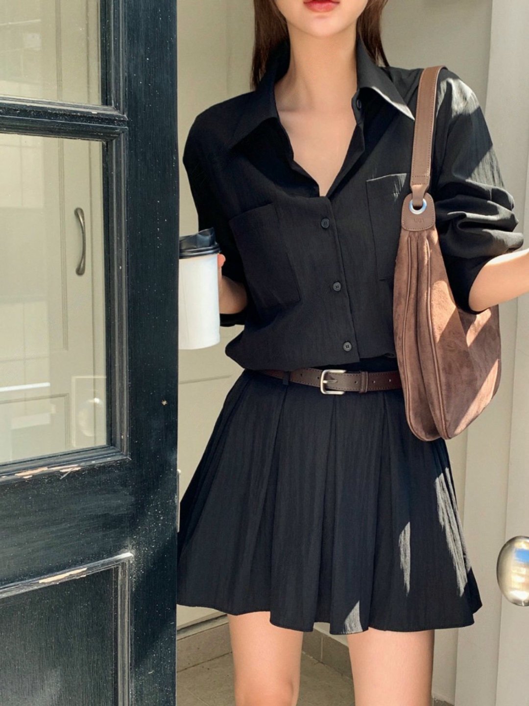 拼接百摺襯衫短洋 (附皮帶)