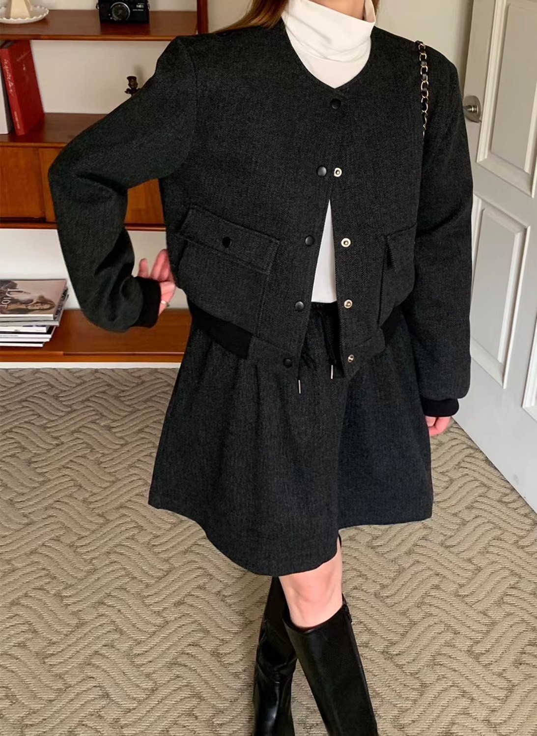 雙口袋磨毛夾克＋鬆緊磨毛短褲裙SET