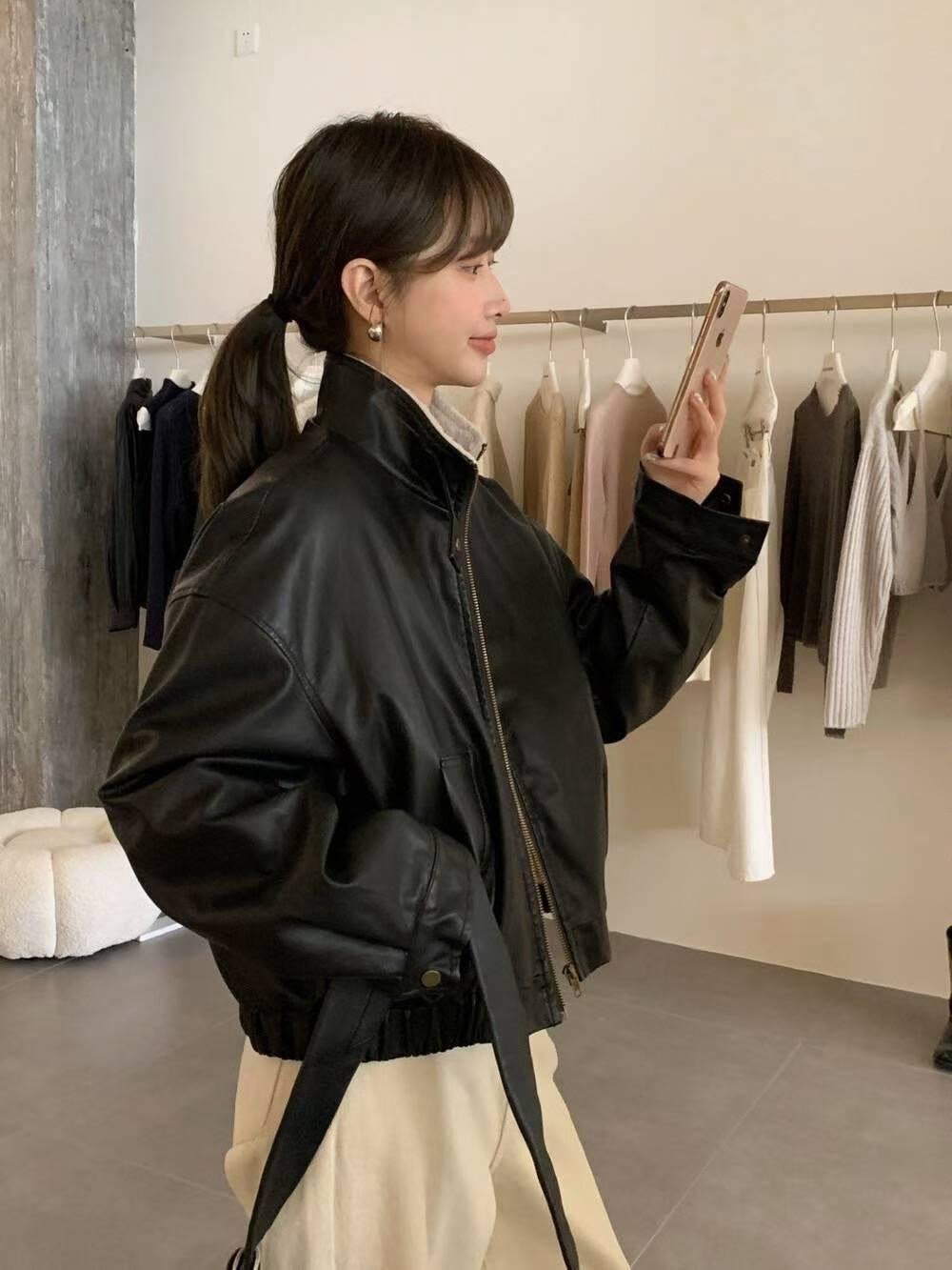 內磨毛仿皮夾克外套