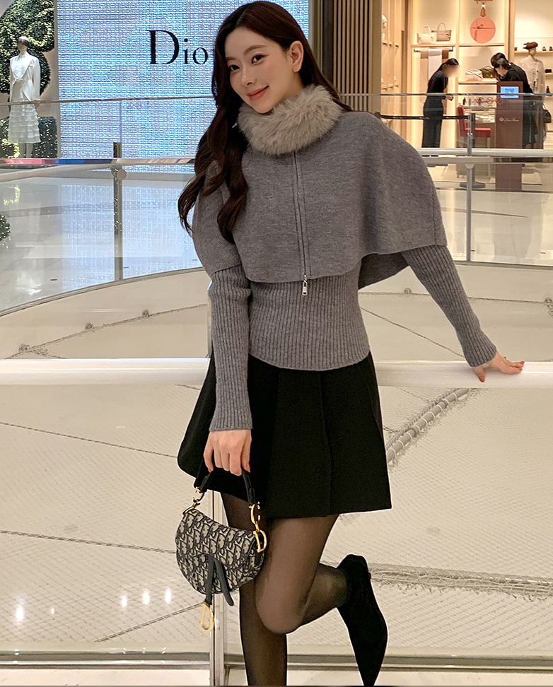 三件組｜Ｖ領坑紋針織衣+小斗篷＋可拆毛圈SET