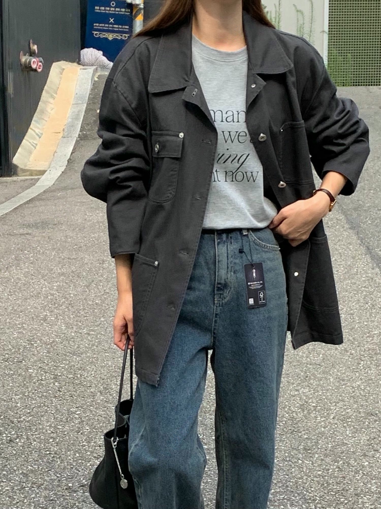 口袋造型落肩長版風衣外套