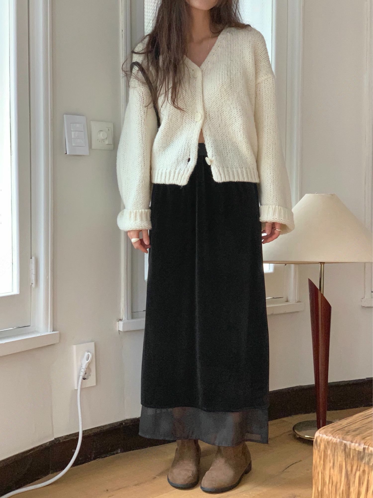 鬆緊絨面拼接雪紡長裙