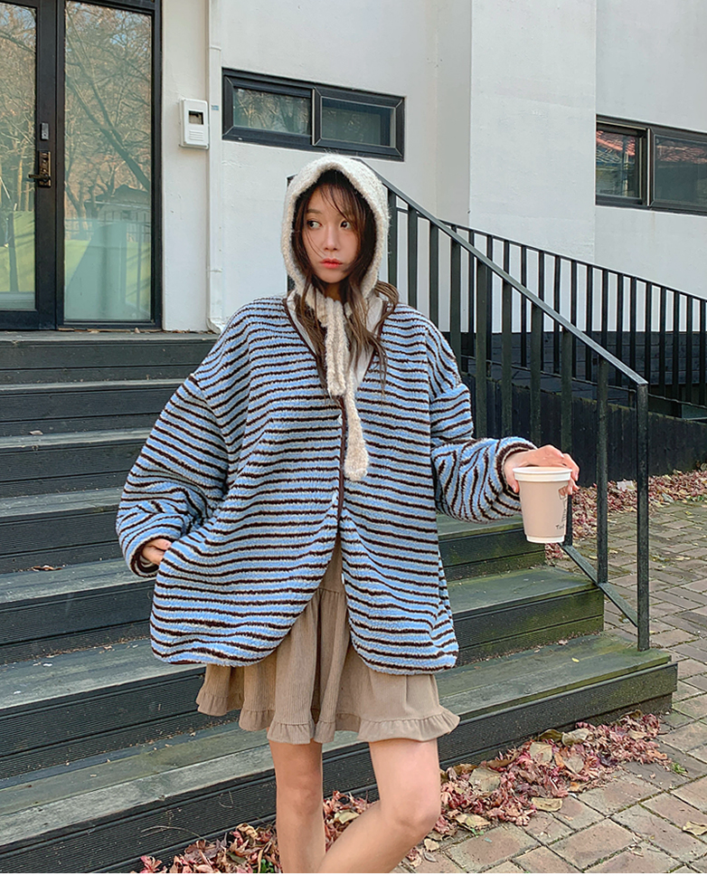 落肩配色橫條紋磨毛開襟外套