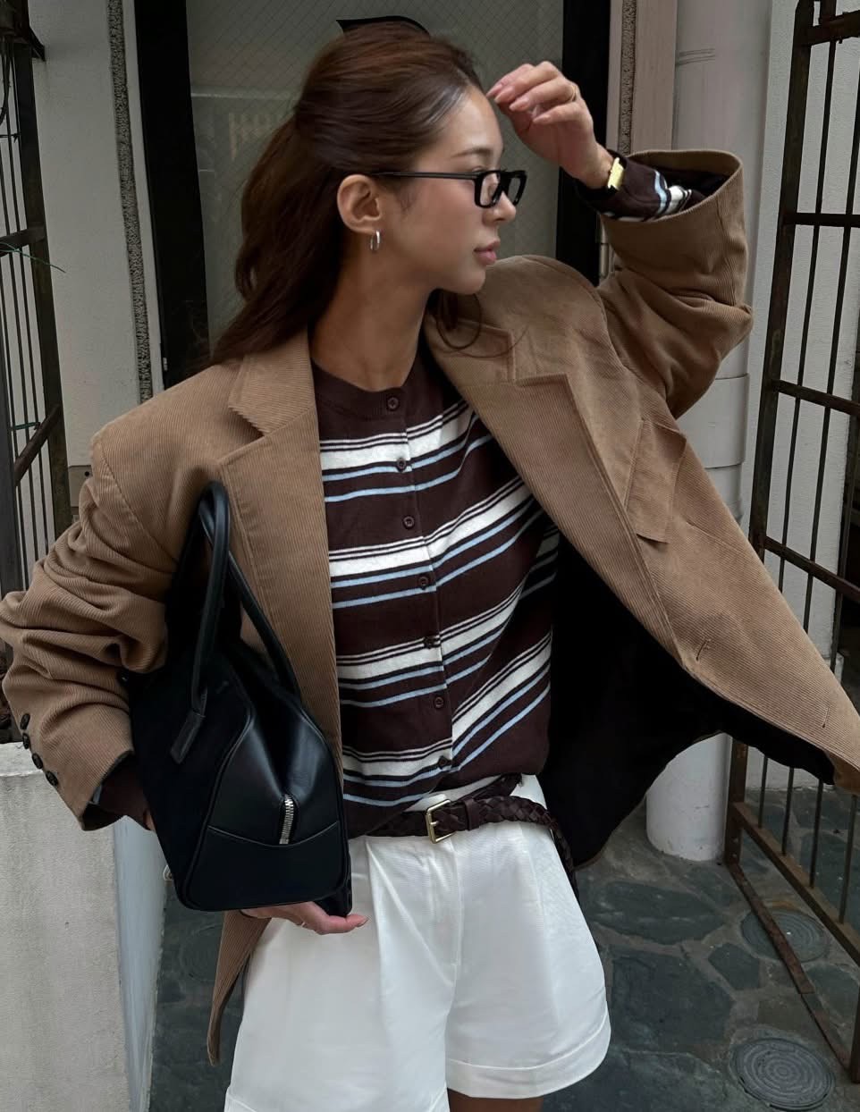 圓領秋季配色橫條紋排釦針織衫