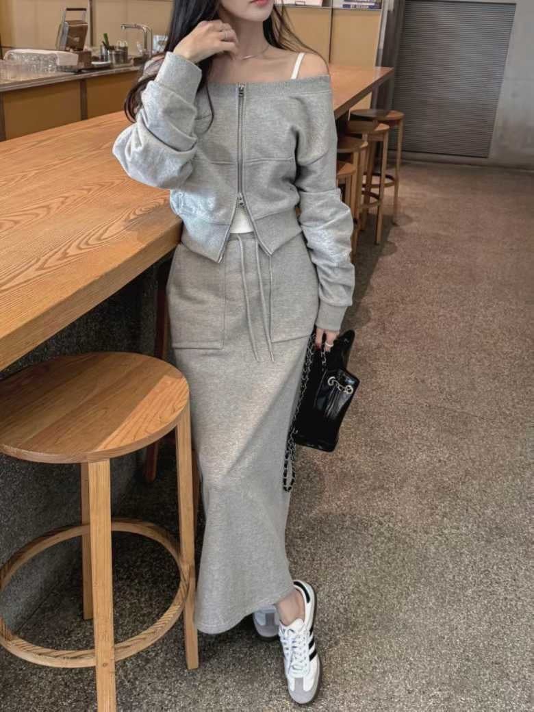 一字領雙拉鍊外套＋雙口袋抽繩棉長裙SET(可拆買）